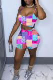 Yellow Sexy Casual Print Backless Spaghetti Strap Sleeveless Two Pieces