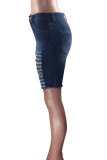 Navy Blue Denim Zipper Fly Mid Solid Hole washing Zippered Straight Capris Bottoms