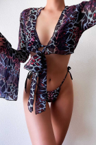 Purple Sexy Print Patchwork V Neck Outerwear