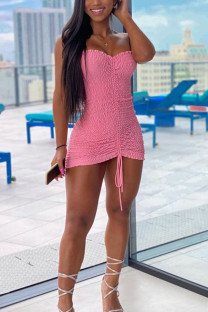 Pink Fashion Sexy adult Ma'am Off The Shoulder Sleeveless Wrapped chest Pencil Dress Knee-Length Solid Draped Dresses