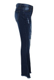 Dark Blue Sexy Solid Ripped High Waist Boot Cut Denim