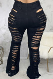 Black Sexy Solid Ripped Buttons Plus Size 