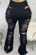 Black Sexy Solid Ripped Buttons Plus Size 