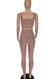 Deep Coffee Casual Solid Patchwork Square Collar Sleeveless Two Pieces