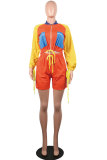 Red Drawstring Long Sleeve Mid Print Patchwork Loose shorts