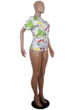 Blue White Blue Orange Yellow colour O Neck Short Sleeve Patchwork Print Character Tops