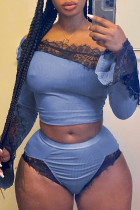 Blue Sexy Living Patchwork Lace Backless Off the Shoulder Long Sleeve Two Pieces