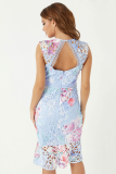 Light Blue Fashion Sexy Tank Sleeveless O neck A-Line Knee-Length Patchwork Print Club Dresses