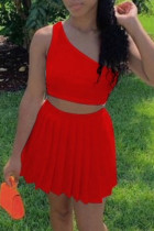 Red Fashion Sexy Solid Backless One Shoulder Sleeveless Two Pieces