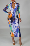 Blue Sexy Print Patchwork Half A Turtleneck Pencil Skirt Dresses