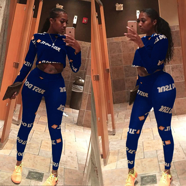 Blue Spandex Elastic Fly Long Sleeve Mid Letter Skinny Pants