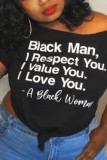 Black White Black One word collar Short Sleeve Letter Print Tops