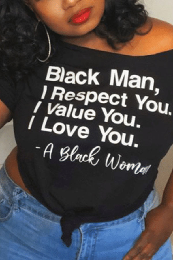 Black White Black One word collar Short Sleeve Letter Print Tops