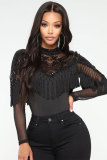 Wine Red Button Fly Long Sleeve Mid lace Patchwork Skinny shorts