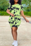 Fluorescent Green Casual Print Tie Dye Patchwork O Neck Short Sleeve Two Pieces