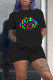 Black Fashion Casual Active Letter Lips Print Short Sleeve Two Pieces