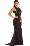 Black Sexy Tank Short Sleeves O neck Step Skirt Floor-Length Solid Club Dresses
