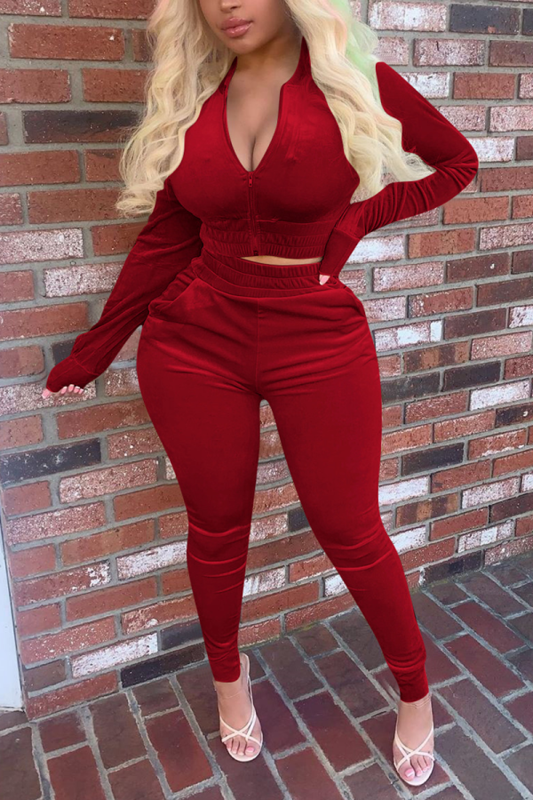 Red Casual Solid Patchwork O Neck Long Sleeve Two Pieces