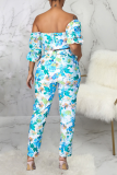 Blue Sexy Print Patchwork Off the Shoulder Half Sleeve Two Pieces