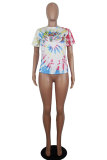 White Blue Yellow purple colour O Neck Short Sleeve Patchwork Print Character Tops