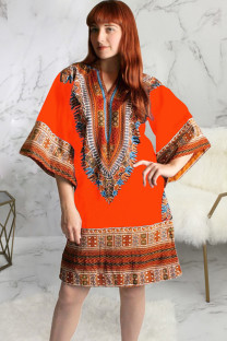 Orange Health cloth Sexy Bat sleeve 3/4 Length Sleeves V Neck Princess Dress Knee-Length Broken flowers Pat