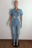 Dark Blue Fashion Casual Solid Zipper Turndown Collar Regular Jumpsuits