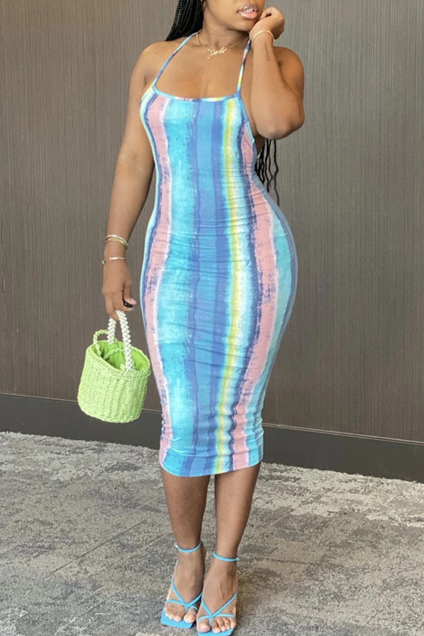 Light Blue Milk. Fashion Street Light Blue Light Purple Off The Shoulder Sleeveless Halter Neck Step Skirt Mid-Calf Print backless Tie and dye Dresses