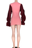 Red Casual Bubble sleeves Long Sleeves O neck Hip skirt skirt ruffle Solid hollow out Patchwor