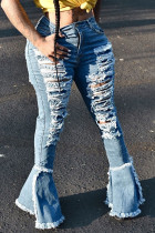 Blue Sexy Solid Ripped High Waist Regular Denim