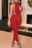 Red Fashion Sexy Solid Hollowed Out Backless Turtleneck Sleeveless Two Pieces