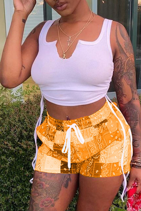 Orange Sexy Print Ripped Contrast Spaghetti Strap Sleeveless Two Pieces