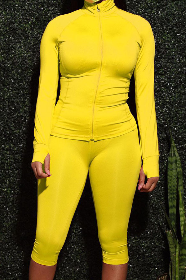 Yellow Fashion Active adult Ma'am Solid Two Piece Suits pencil Long Sleeve Two Pieces