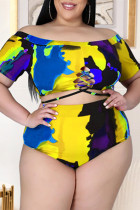Yellow Fashion Sexy Print Hot Drilling Backless Off the Shoulder Plus Size Swimwear