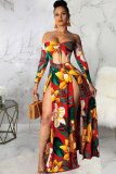 Red Sexy Fashion Off The Shoulder Long Sleeves Wrapped chest Step Skirt Ankle-Length Print split Patchwo