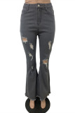 Grey Fashion Casual Solid Ripped Mid Waist Boot Cut Jeans