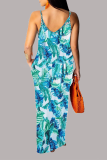 Blue Sexy Print Patchwork Spaghetti Strap Straight Dresses