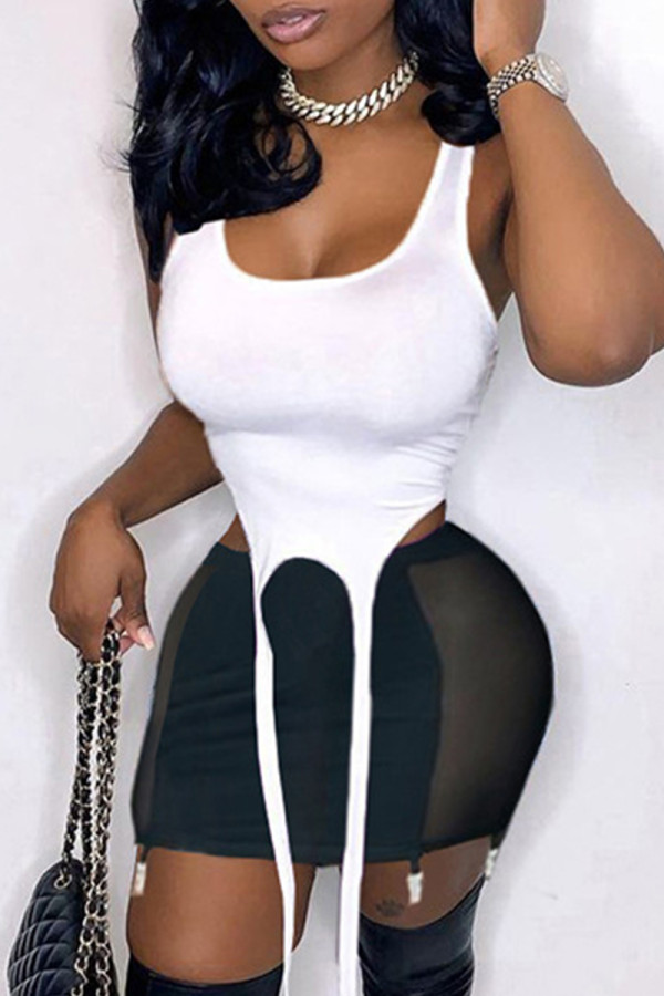 White Sexy Solid Patchwork See-through U Neck Sleeveless Two Pieces