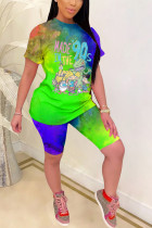 Green Fashion Casual adult Ma'am Patchwork Print Character Tie Dye Two Piece Suits Straight Short Sleeve Two Pieces