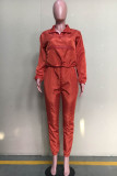 Deep pink Casual Two Piece Suits contrast color Solid Straight Long Sleeve Two-piece Pants Set