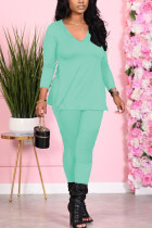 Light Green Fashion Sexy Adult Solid Patchwork V Neck Long Sleeve Regular Sleeve Regular Two Pieces