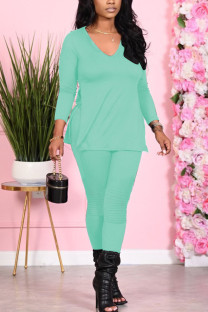 Light Green Fashion Sexy Adult Solid Patchwork V Neck Long Sleeve Regular Sleeve Regular Two Pieces