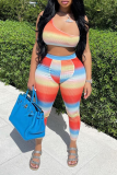 Tangerine Red Sexy Striped Patchwork O Neck Sleeveless Two Pieces