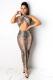 serpentine Sexy Fashion adult Leopard Two Piece Suits asymmetrical Print Mesh pencil Sleeveless