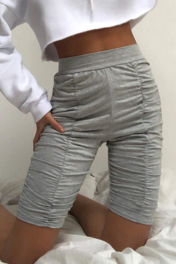 Grey Casual Solid Fold Regular Mid Waist Straight Solid Color Bottoms