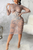 Rose Red Sexy Print Mesh Half A Turtleneck Pencil Skirt Dresses