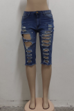 Blue Casual Solid Ripped Mid Waist Skinny Denim Shorts
