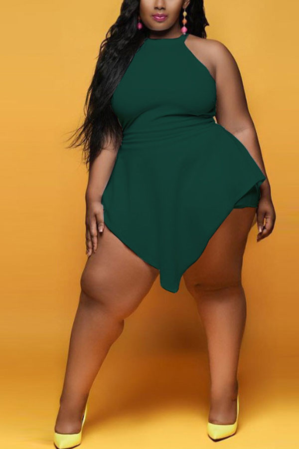 Green Fashion Sexy adult Ma'am O Neck Patchwork Solid asymmetrical Stitching Plus Size