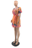 Orange Fashion Casual Print With Belt V Neck Short Sleeve Dress
