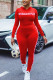 Red Fashion Casual Adult Print Patchwork O Neck Long Sleeve Regular Sleeve Regular Two Pieces