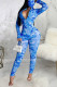 Blue Sexy Print Tie-dye O Neck Regular Jumpsuits